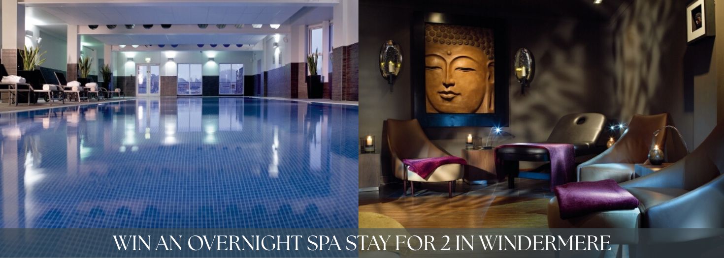 Side-by-side photos of the serene indoor pool and comfortable spa facilities at Macdonald Old England Hotel & Spa in Bowness-on-Winderemere, Lake District